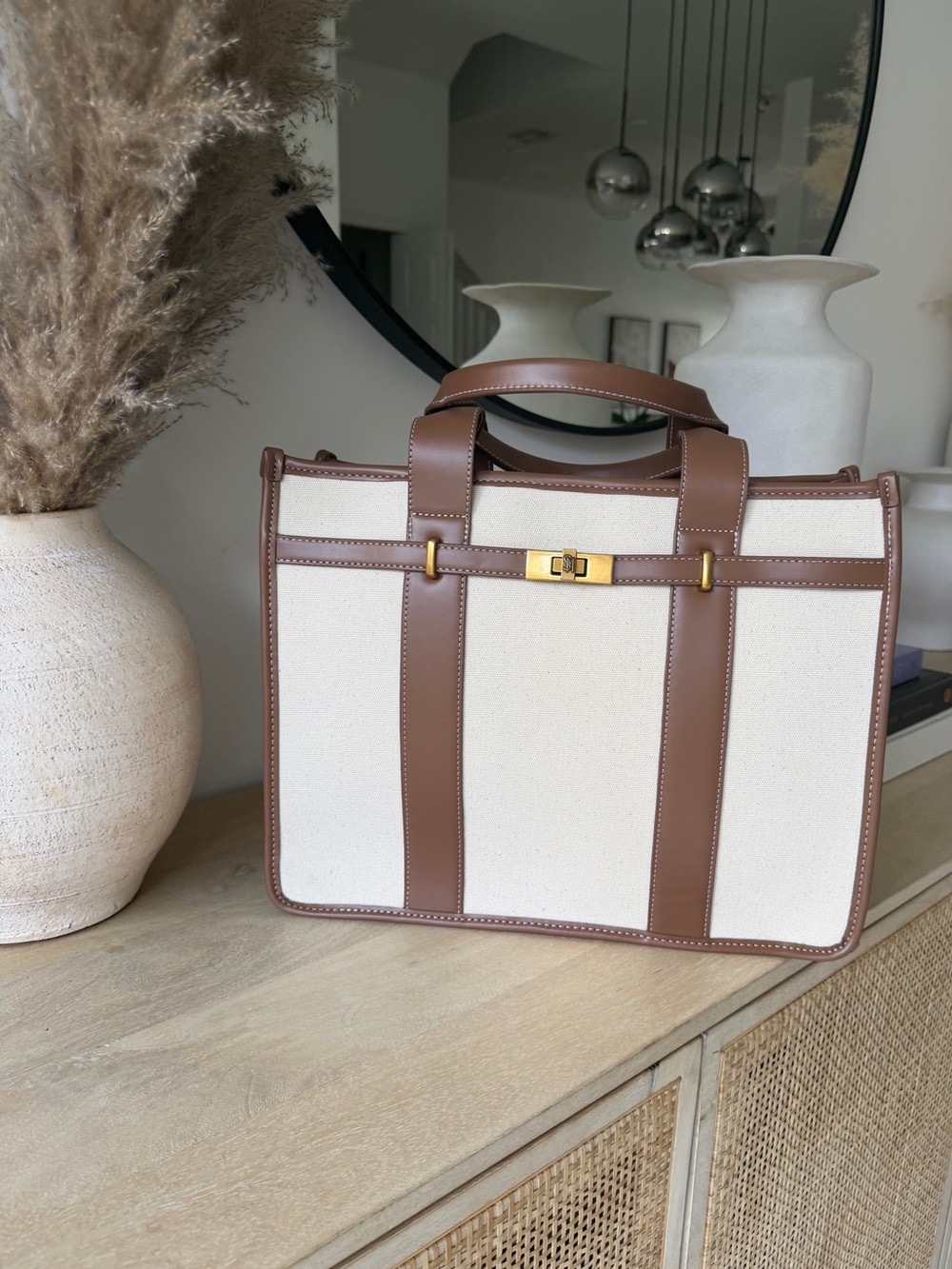 Steve Madden Cream Canvas and Brown Leather Structured Tote